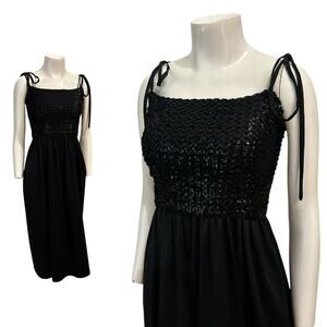 Vintage 1970s Designer Black Strappy Sequin Disco Dress / Women’s Medium -